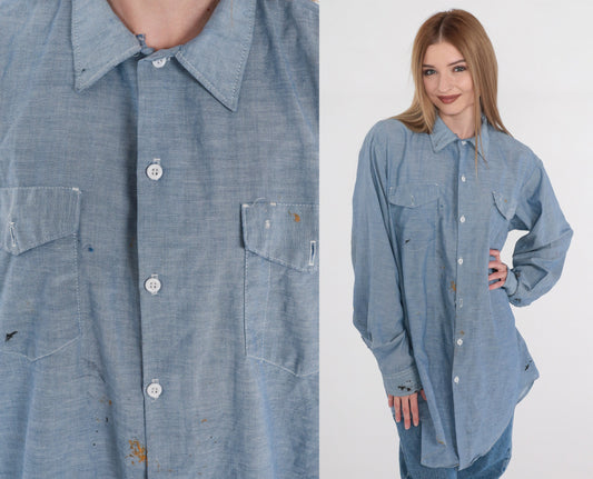 80s Key Imperial Chambray Button-Up Shirt Blue Paint Splatter Distressed XL