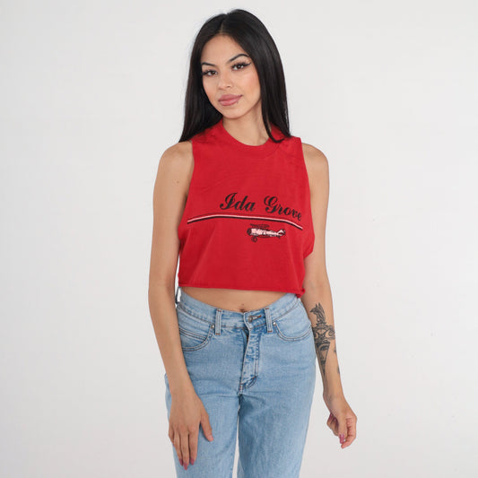 90s Ida Grove Iowa Airplane Graphic Crop Tank Top Red Small