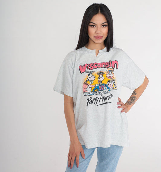 90s Wisconsin Party Animals Cow Graphic T-Shirt White Single Stitch Extra Large