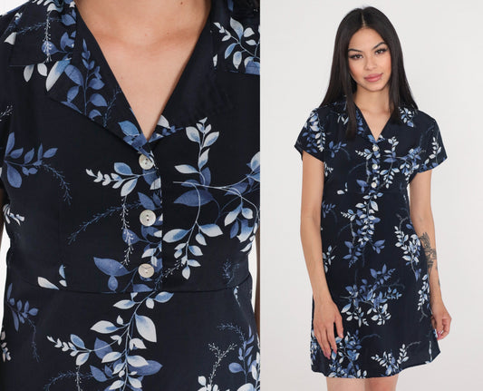 90s Jodi of California Navy Leaf Print Mini Dress Empire Waist Medium