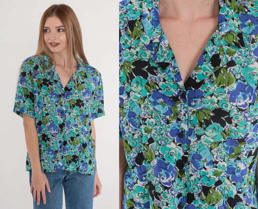 90s Blue Floral Button-Up Blouse Short Sleeve Collared Top Medium