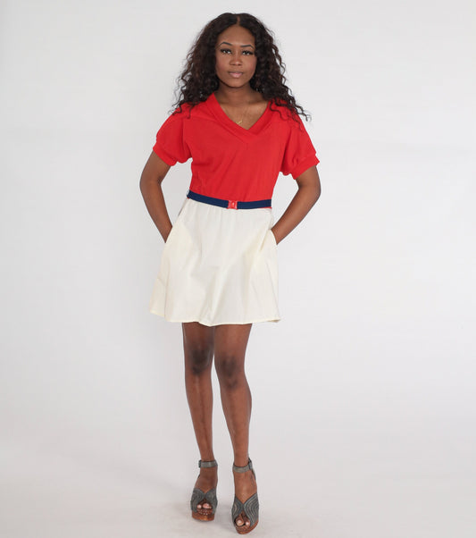 80s Color Block Mini Dress Red Off-White V-Neck Dolman Sleeve Medium Large