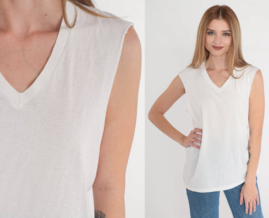 80s Hanes White V-Neck T-Shirt Single Stitch Cutoff Sleeves Medium