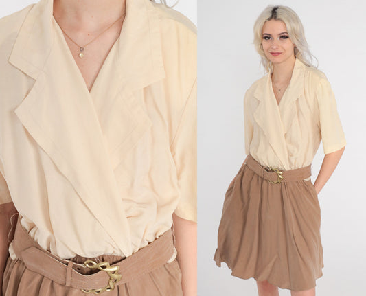 80s Wrap Dress Cream Brown Mini V-Neck High-Waisted Pockets Belt Large L