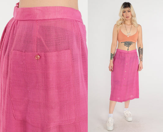 80s Pink Button-Up Midi Skirt High Waist Sheer Medium