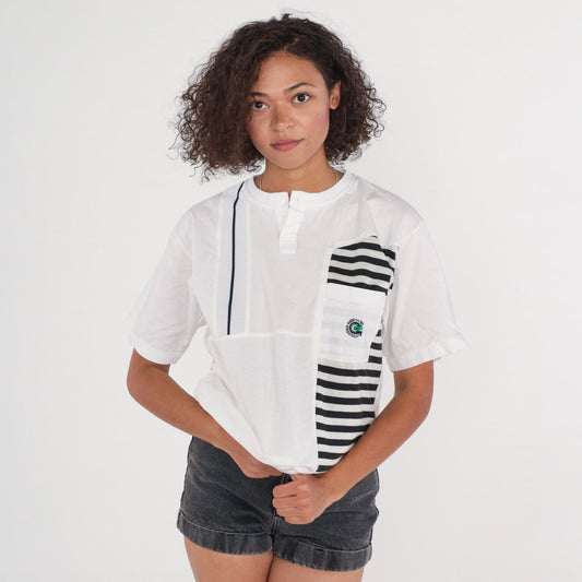 90s Giordano Striped Henley Shirt White Black Short Sleeve Medium