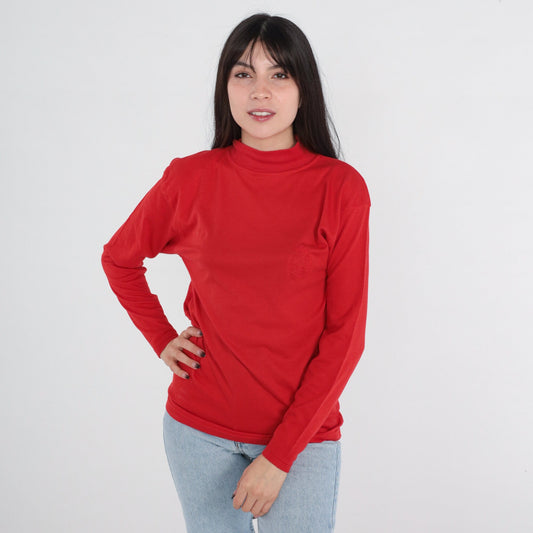 90s Red Mock Neck Crest Long Sleeve T-Shirt Small S