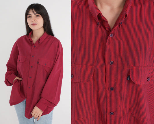 80s Levi's Railroad Stripe Button-Up Shirt Red Navy Long Sleeve Large
