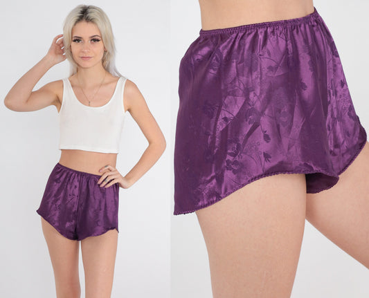 90s Purple Floral Embossed Satin Tap Shorts Small S