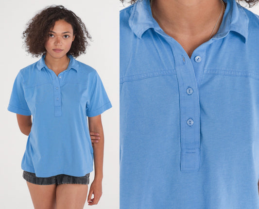 90s Blue Polo Shirt Cotton Blend Collared Short Sleeve Large L