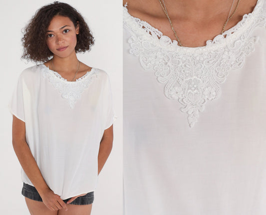 90s White Floral Lace Appliqué Blouse Short Sleeve Top Extra Large XXL