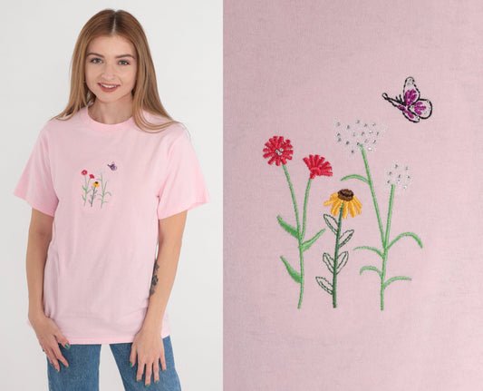 90s Pink Floral Butterfly T-Shirt Embroidered Rhinestone Cotton Small