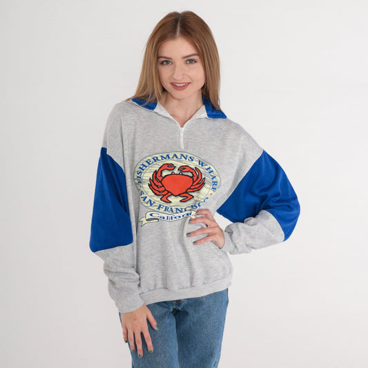 80s San Francisco Fisherman's Wharf Crab Graphic Sweatshirt Quarter Zip Grey Medium