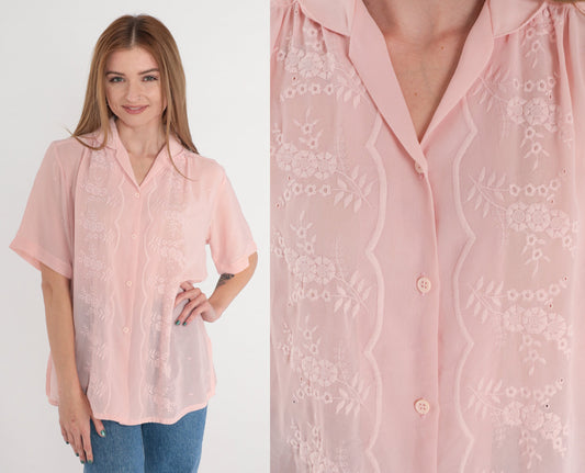 80s Pink Floral Embroidered Blouse Puff Sleeve Button-Up Collared Large