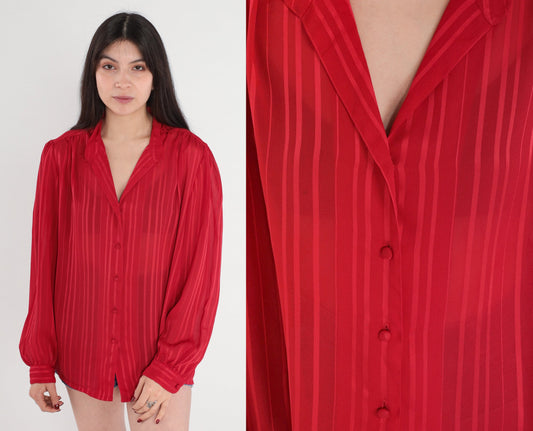 70s Red Striped Blouse Puff Sleeve Button-Up Semi-Sheer Long Sleeve Large L