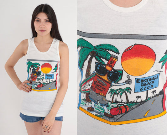 80s Jose Cuervo Tequila Tank Top Ensenada Mexico Graphic Single Stitch White XS