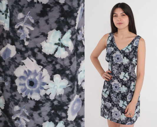 90s Tie Dye Floral Mini Dress Black Grey Purple Cloud Print V Neck Small