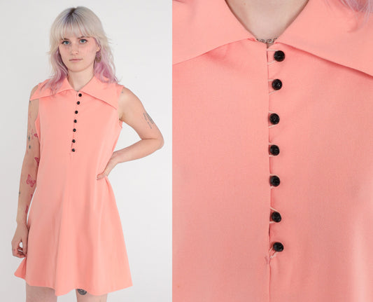 70s Peach Mod Mini Shift Dress Button-Up Sleeveless Collared Medium
