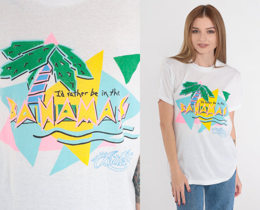 80s Bahamas Graphic T-Shirt I'd Rather Be Palm Tree Cruise Ship Medium