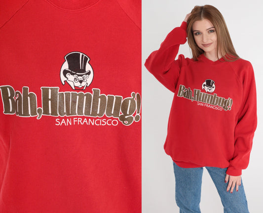 90s San Francisco Bah Humbug Bear Sweatshirt Red Raglan Crewneck Large