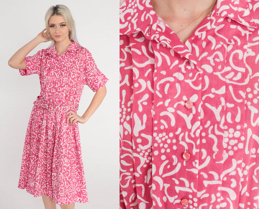 80s Leslie Fay Pink Floral Midi Shirtwaist Dress High Waisted Belted Medium