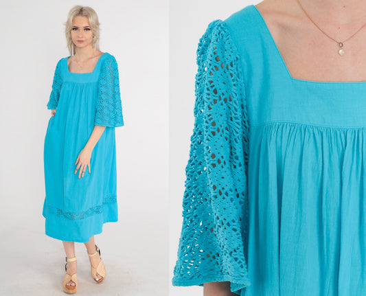 90s Turquoise Cotton Midi Dress Cutout Lace Bell Sleeve Tent Cut Medium M