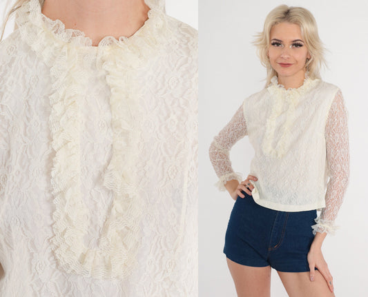 70s White Lace Blouse Floral High Neck Ruffled Long Sleeve Extra Small