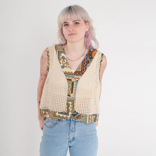 90s Cream Crochet Tank Top Geometric Open Weave Button Front Large L
