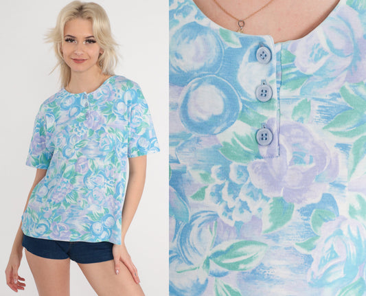 80s Floral Fruit Print Henley Shirt Blue Purple Short Sleeve Small