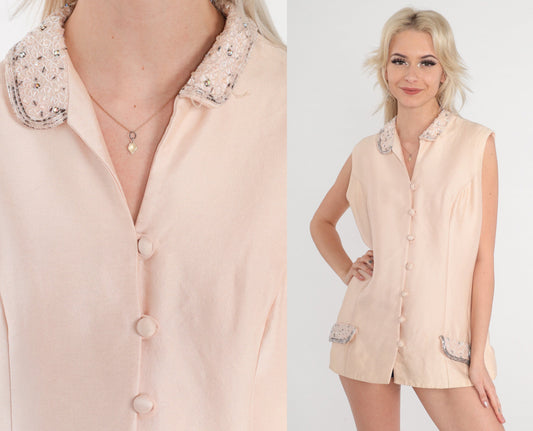 60s Blush Beaded Button-Up Sleeveless Top Medium M