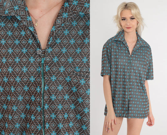 70s Disco Shirt Geometric Tile Print Zip Up Wing Collar Brown Blue Striped Large