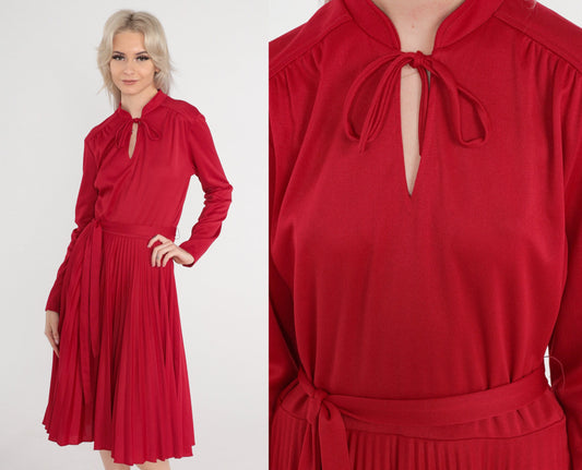 70s Burgundy Red Midi Dress Pleated High Waist Long Sleeve Medium