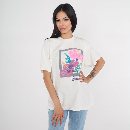 90s Hawaii Hibiscus Flower Graphic T-Shirt White Single Stitch Large