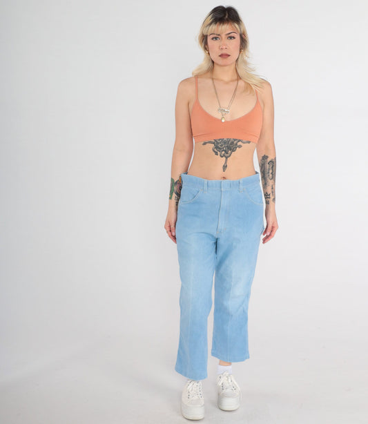 70s Bell Bottom Flared Jeans Men's 33 High Rise Denim Blue Medium