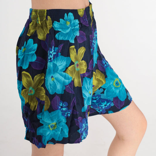 90s Tropical Floral Print Shorts High Elastic Waist Blue Purple Green Medium