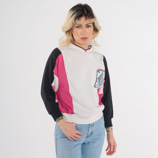 90s Apres Sport Color Block Sweatshirt White Pink Black Crewneck Small