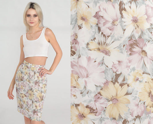 80s Floral Pencil Skirt High Waisted Knee Length Extra Small