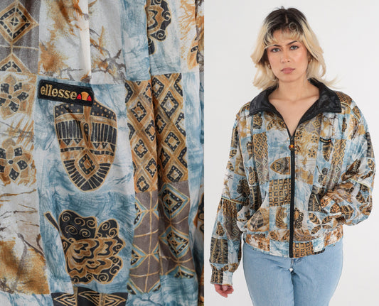 80s Ellesse Windbreaker Jacket Blue White Marble Geometric Floral Print Zip Bomber XS