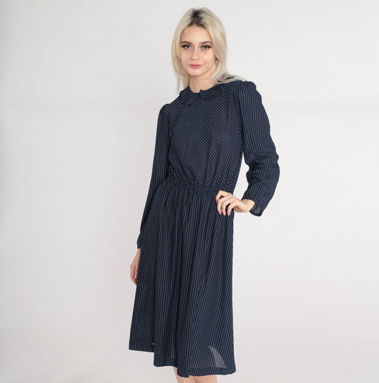70s Navy Striped Midi Dress Puff Sleeve High Waist Ruffle Collar Small
