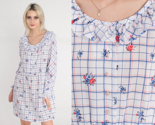 70s Checkered Floral Mini Dress Pearl Button High Waist Puff Sleeve Medium