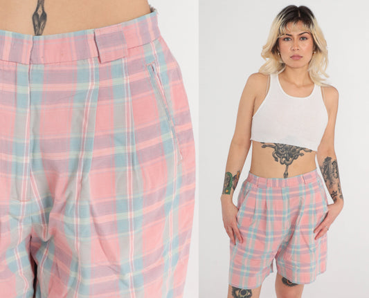 90s Izod Club Pink Plaid Pleated High-Waist Shorts Medium