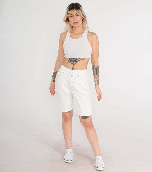 90s Lee White Denim Shorts High Waist Knee Length Small 28