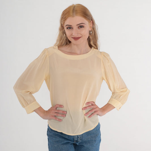 80s Jonathan Martin Cream Silk Blouse Puff Sleeve Button Shoulder Medium