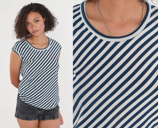 70s Navy White Diagonal Striped Cap Sleeve Blouse Crew Neck Small