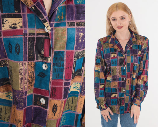 80s Multicolor Leaf Checkered Button-Up Blouse Long Sleeve Medium Large