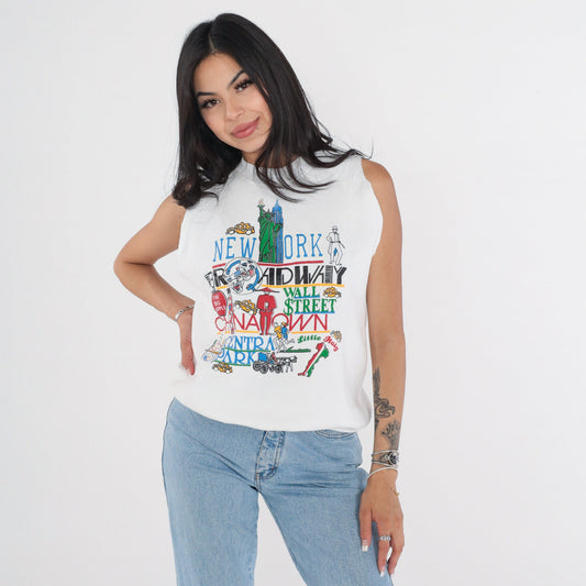 90s New York Muscle Tank Top White Graphic Cutoff Sweatshirt Medium