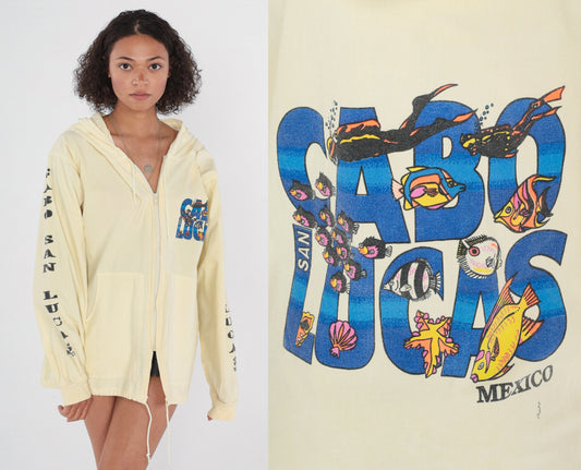 90s Cabo San Lucas Windbreaker Jacket Pale Yellow Hooded Cotton XL