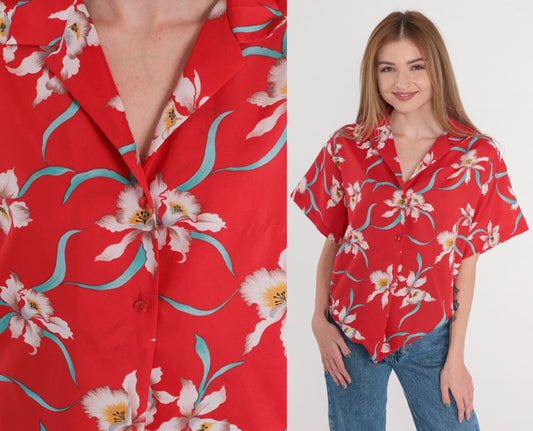 90s Red Tropical Floral Button-Up Shirt Tie Front Short Sleeve Medium M