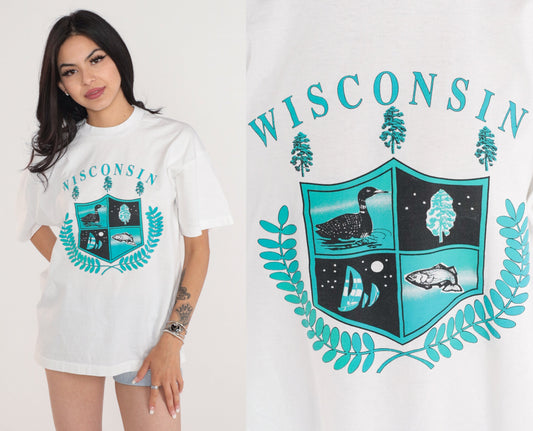 90s Wisconsin State Crest Graphic T-Shirt Single Stitch White Extra Large XL