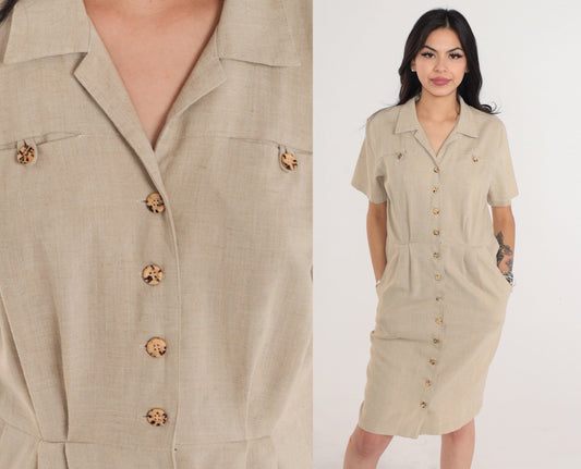 90s Tan Linen Button-Up Mini Dress Collared Sheath Petite Medium